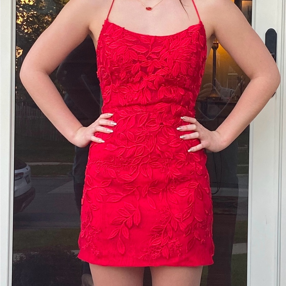 Amarra Chic Red Floral Mini Dress- Lace and Sequinned